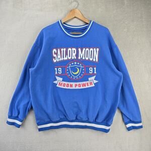 Sailor Moon Sweater Large Electric Blue Varsity Fleece Crewneck Sweatshirt *FLAW